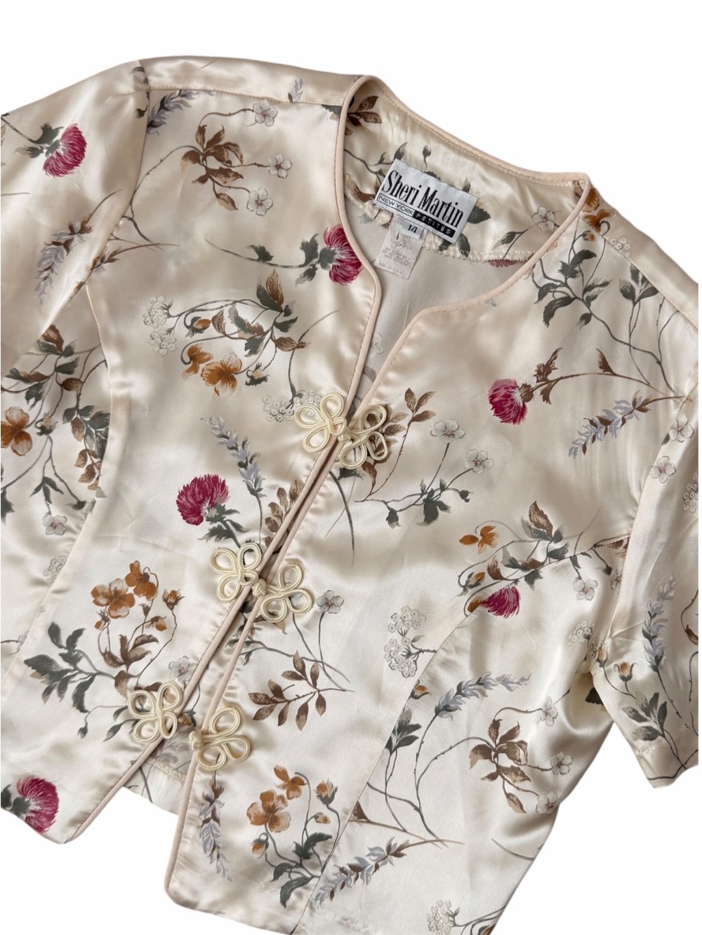 Vintage Sherri Martin Floral Satin Frog Closure Mandarin Blouse Top Size 14